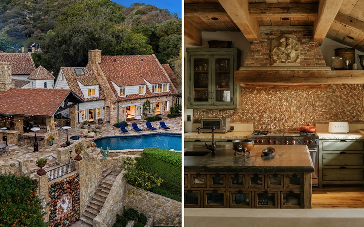 A luxurious stone mansion with a pool and a rustic kitchen featuring wooden beams and brick.