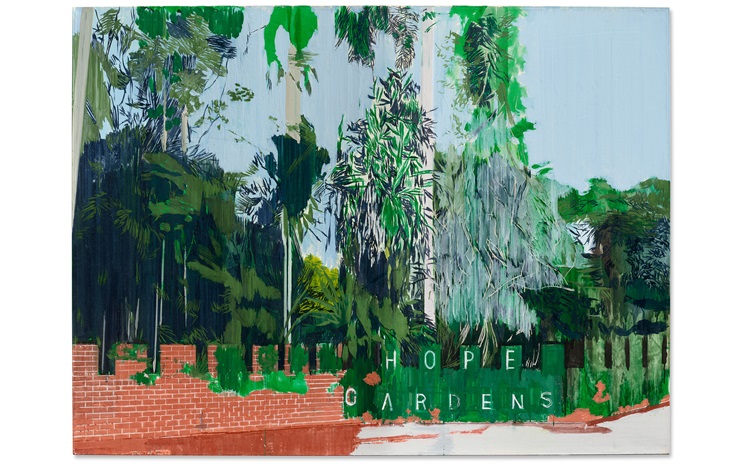 A painting of lush green trees behind a brick wall with the words "HOPE GARDENS" in front.